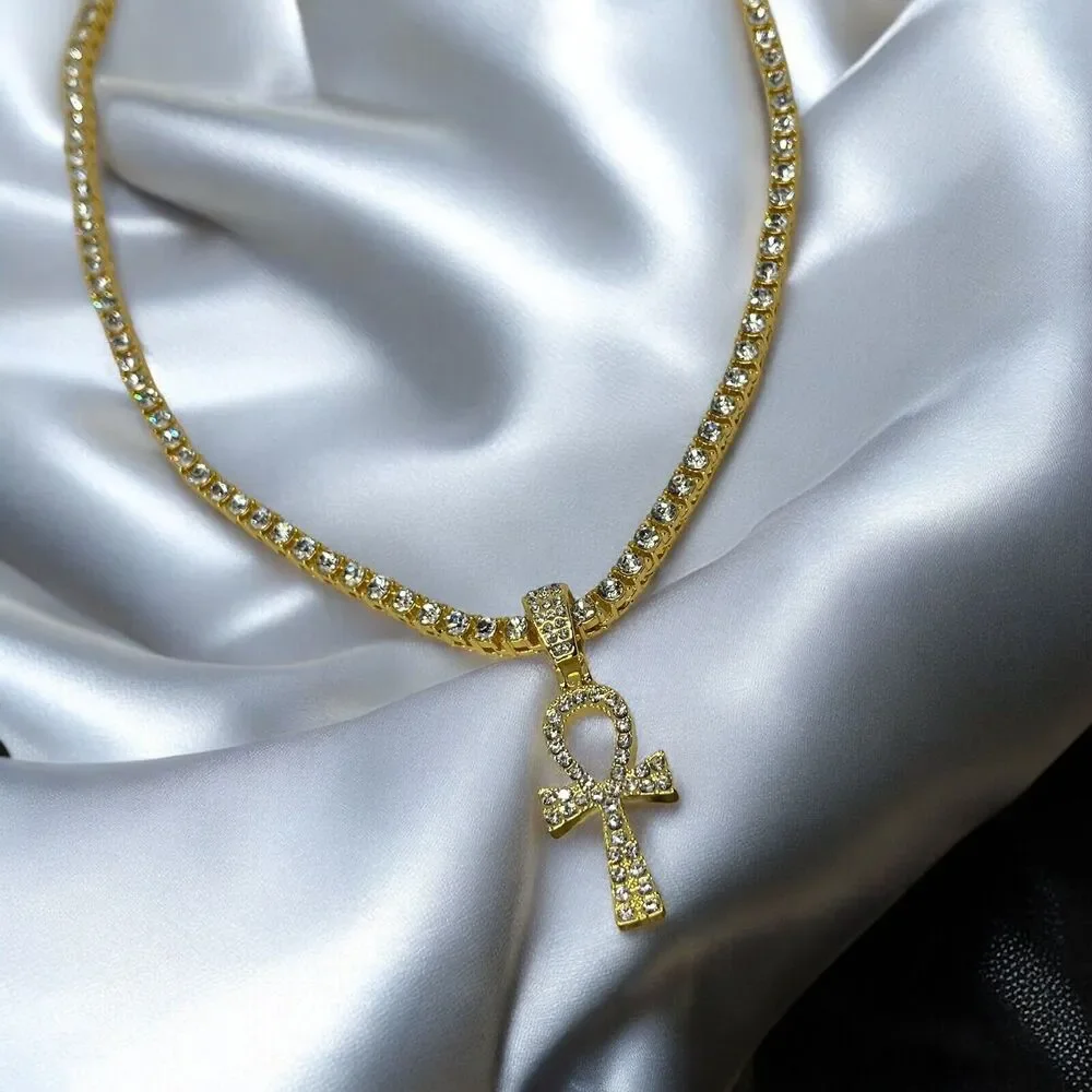 Gold Tone Ahnk Cross Tennis Pendant Necklace 23” Crystal Men's Faith Fashion NEW